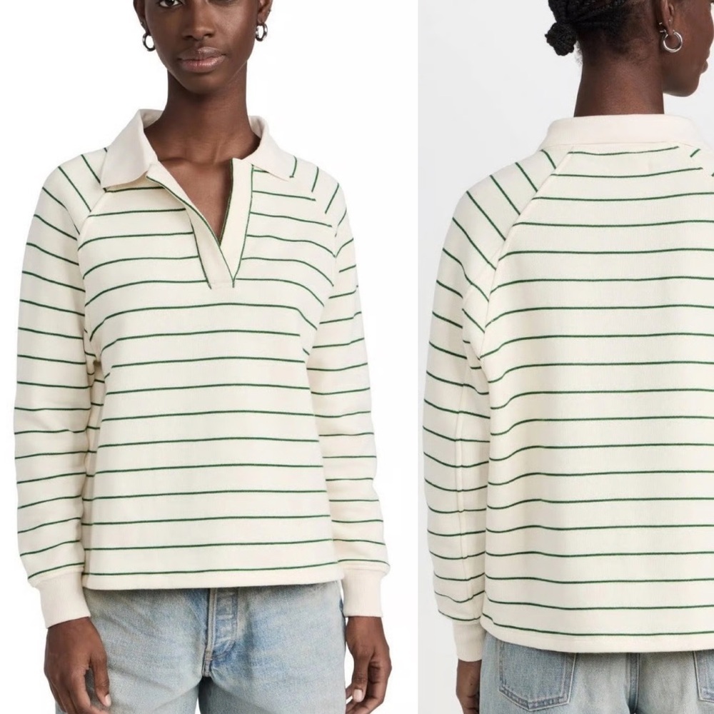 MADEWELL WOMENS BETTERTERRY POLO SWEATSHIRT GREEN WHITE STRIPE XS SEMI CROPPED